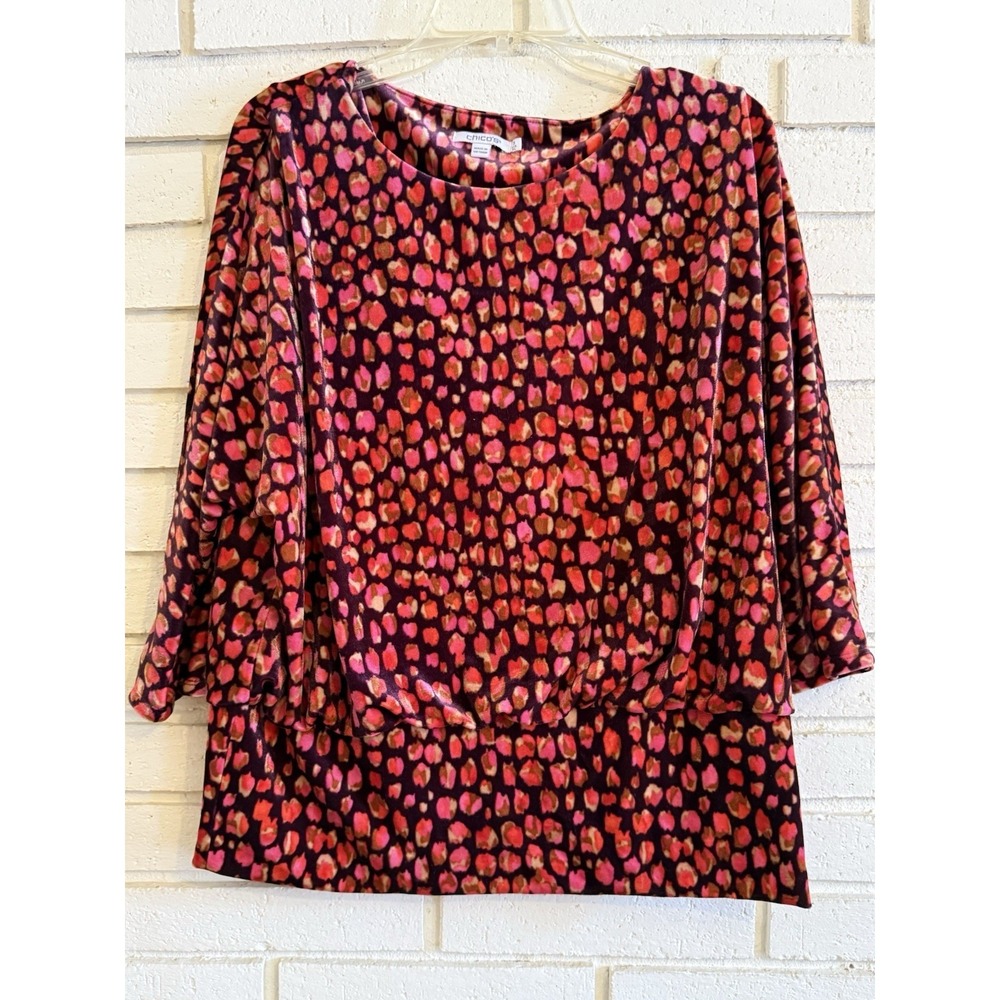 Chico's 3 Size XL Shirt Top Red/Pink Spots Burn Out Velour Womens Long Sleeve